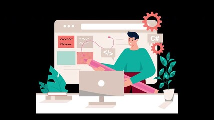 Aufkleber - A European man working on coding and design concepts at a computer desk with plants.