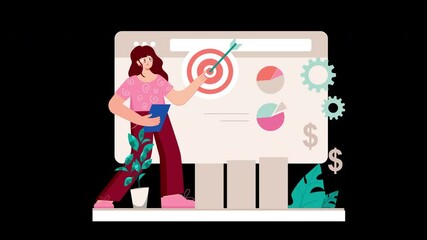 Poster - A woman presenting business data in a flat design, emphasizing diversity and empowerment.