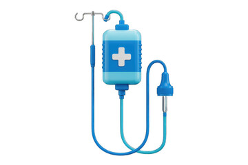 Poster - A 3D rendering of an IV bag with a drip chamber, tubing, and hook, symbolizing medical care and treatment.