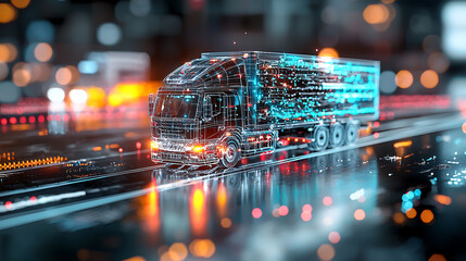 Poster - Innovative truck moving through digital cityscape futuristic environment technology concept night view