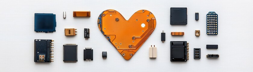 Wall Mural - Heart Shape Made of Electronic Components on White Background for Technology Concept