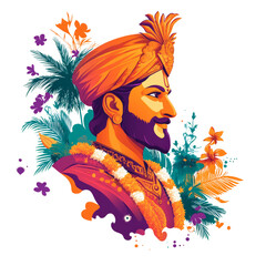 A stylized illustration depicts a profile portrait of an Indian king adorned with a turban and floral garland.