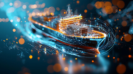 Poster - Futuristic cargo ship in motion digital ocean 3d animation vibrant environment dynamic viewpoint technology concept