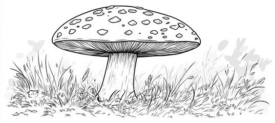 Wall Mural - enchanting forest flora detailed line art illustration of a mushroom in its natural habitat