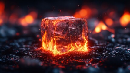 Wall Mural - Ice cube engulfed in flames on dark surface.