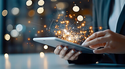 Poster - Digital innovation sparks creativity urban workspace technology nighttime close-up conceptual engagement