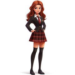 Wall Mural - A female cartoon character wearing a traditional British highland dance costume, with a tartan kilt, white blouse, and knee-high socks, set against a white background