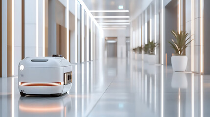 Poster - Autonomous cleaning robot modern office technology showcase sleek environment wide angle innovation highlight