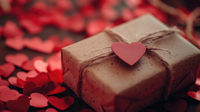 Close-up of a beautifully wrapped gift box with a heart-shaped tag, set among red confetti hearts.