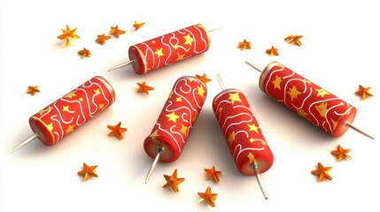 Wall Mural - Festive Arrangement of Red and Gold Decorative Firecrackers Surrounded by Golden Stars Against a Clean White Background