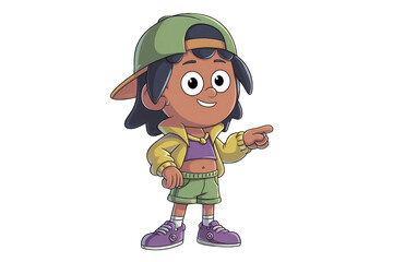 Poster - A cheerful cartoon girl, stylishly dressed in a cap, jacket, and shorts, points towards something with a smile.