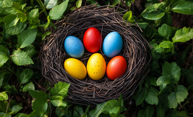 Wall Mural - A nest of eggs with a variety of colors including blue, yellow, and red. The nest is surrounded by green leaves and grass