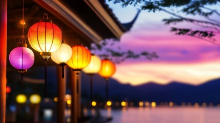 Wall Mural - A serene sunset scene featuring colorful lanterns by a waterfront.