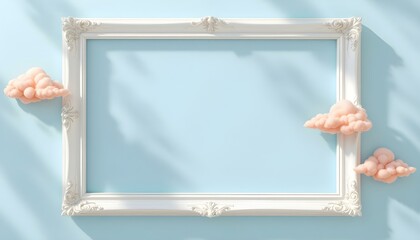 Poster - White vintage frame on pastel blue background with abstract pink cloud shapes. Minimal border composition, soft design aesthetic, retro elegance, decorative artwork, dreamy atmosphere, simplicity.