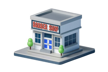 Aufkleber - A 3D model of a small, simple barber shop building with a flat roof and small trees.