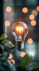 Illuminating light bulb glow indoor setting photography urban environment close-up view concept of innovation