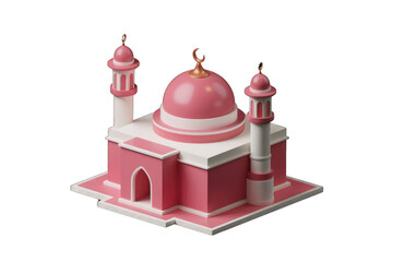 Poster - A minimalist 3D model of a pink mosque with two minarets, showcasing Islamic architecture.