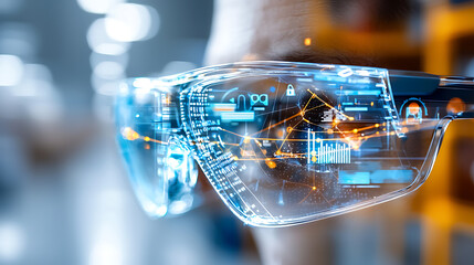 Poster - Innovative augmented reality glasses showcase high-tech laboratory product demo modern environment close-up view future technology concepts