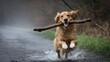 © KenPix - Golden retriever running, carrying large stick, splashing through water, foggy atmosphere, riverbank, action shot, joyful dog, outdoor adventure, nature photography, dynamic pose, wet fur, motion blur