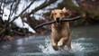 © KenPix - Golden retriever running, carrying large stick, splashing through water, foggy atmosphere, riverbank, action shot, joyful dog, outdoor adventure, nature photography, dynamic pose, wet fur, motion blur