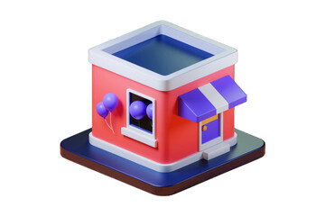 Poster - A cute, cartoonish shop with a purple awning and balloons, 3D rendered.