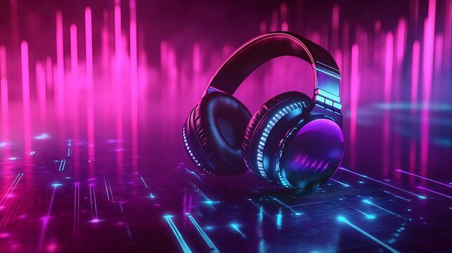 A poster for a music event featuring soundwave graphics, glowing headphones, and neon lights