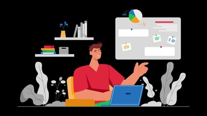 Poster - A young European man sitting at a desk, working on a laptop with colorful charts and notes in the background.