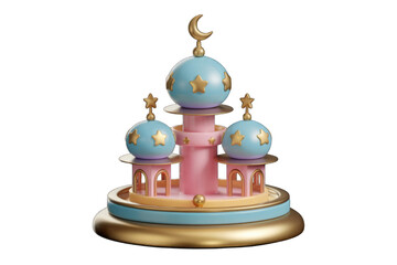 Poster - A whimsical 3D rendering of a pastel mosque, adorned with stars and a crescent moon, ideal for festive celebrations.