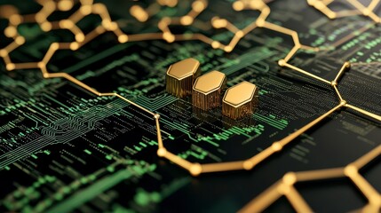 Fototapete - A close-up of a circuit board with golden components highlights the intersection of technology and design in a digital landscape.