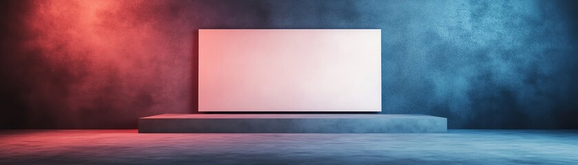 Poster - minimalistic stage with a blank screen and colorful lighting effects.