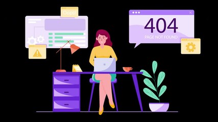 Poster - A concerned woman with red hair sitting at a desk, experiencing a computer error with a '404 Page Not Found' message in a colorful 2D animation.