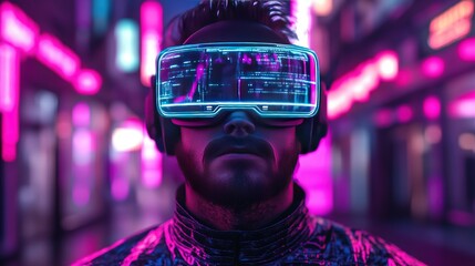 Poster - Futuristic virtual reality experience neon city digital art urban environment close-up view immersive technology