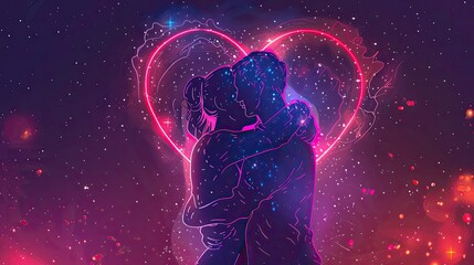 Wall Mural - man and woman hugging each other, love heart in background