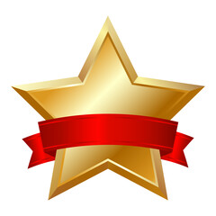 Wall Mural - isolated realistic gold star with red satin silk ribbon. element with metallic effect for award, med