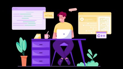Poster - A young man focused on coding at his desk, surrounded by coding snippets and programming languages, with plants in a modern workspace.