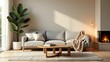 © Topa Studio - a serene living room exuding warmth and coziness, characterized by a calming neutral tone color palette, plush soft throw blankets in beige and cream hues draped over