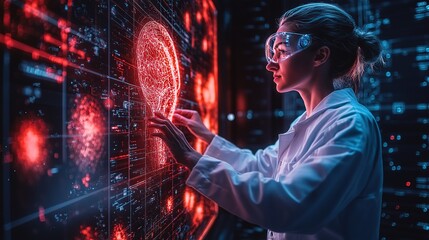 Poster - Innovative scientific research laboratory digital art high-tech environment close-up viewpoint brain mapping concept