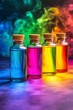 © Watie2781 - Colorful Glass Bottles with Cork Stoppers Filled with Vibrant Liquids Against a Creative Rainbow Background of Smoke and Light