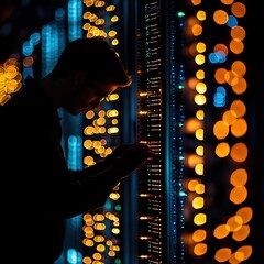 Poster - Data center operations technician monitoring servers digital environment nighttime viewpoint technology concept