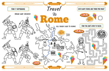 Wall Mural - A fun placemat for kids. Printable “Travel to Rome” activity sheet with a labyrinth and find the differences. 17x11 inch printable vector file