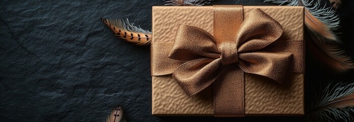Poster - Brown gift box with a decorative bow on a solid black background for holiday or occasion packaging valentine day
