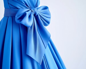 Contemporary blue party dress with a bow detail, set against a minimal white backdrop,