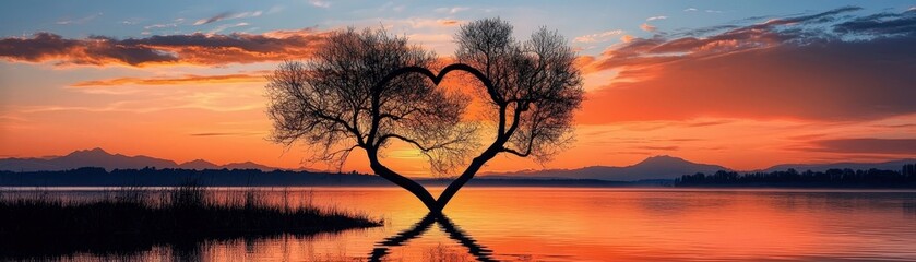 Wall Mural - Heart-Shaped Tree Silhouette at Sunset Over Serene Lake with Colorful Sky Reflections