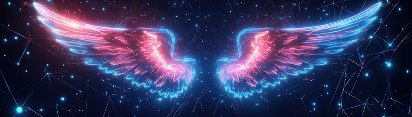 Poster - Pair of glowing wings illuminated with bright lights against a dark background in artistic display valentine day