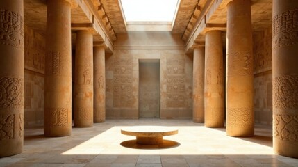 Poster - Ancient Hallway with Ornate Columns and Central Stone Table