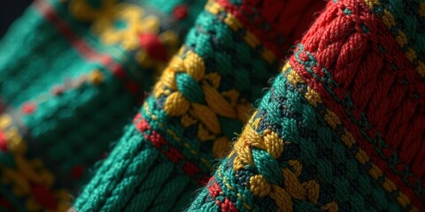 Leinwandbilder - Intricate Textured Fabric in Vibrant Hues of Green, Red, and Gold