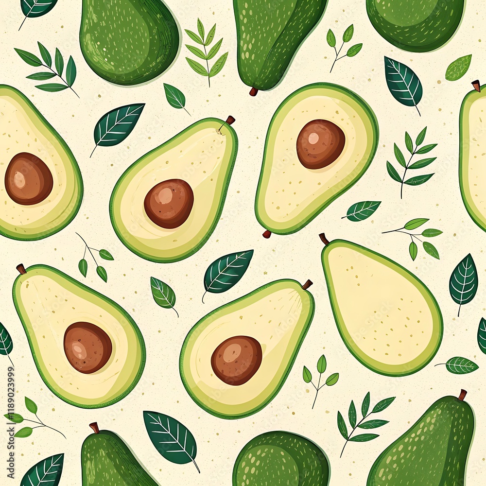Seamless avocado pattern with green leaves, A seamless pattern ...