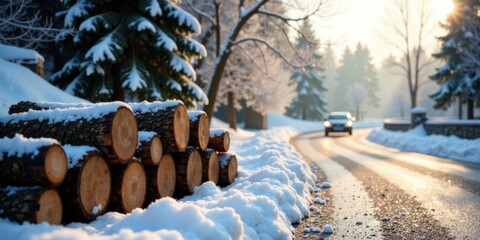 Aufkleber - Winter roadside scene with snow-covered logs and a vehicle