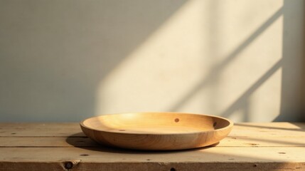 Aufkleber - Empty Wooden Bowl on Rustic Table in Sunlight