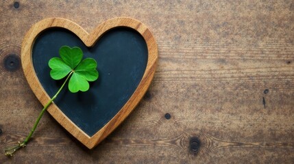 Poster - Heart-Shaped Wooden Frame with Clover on Rustic Wood